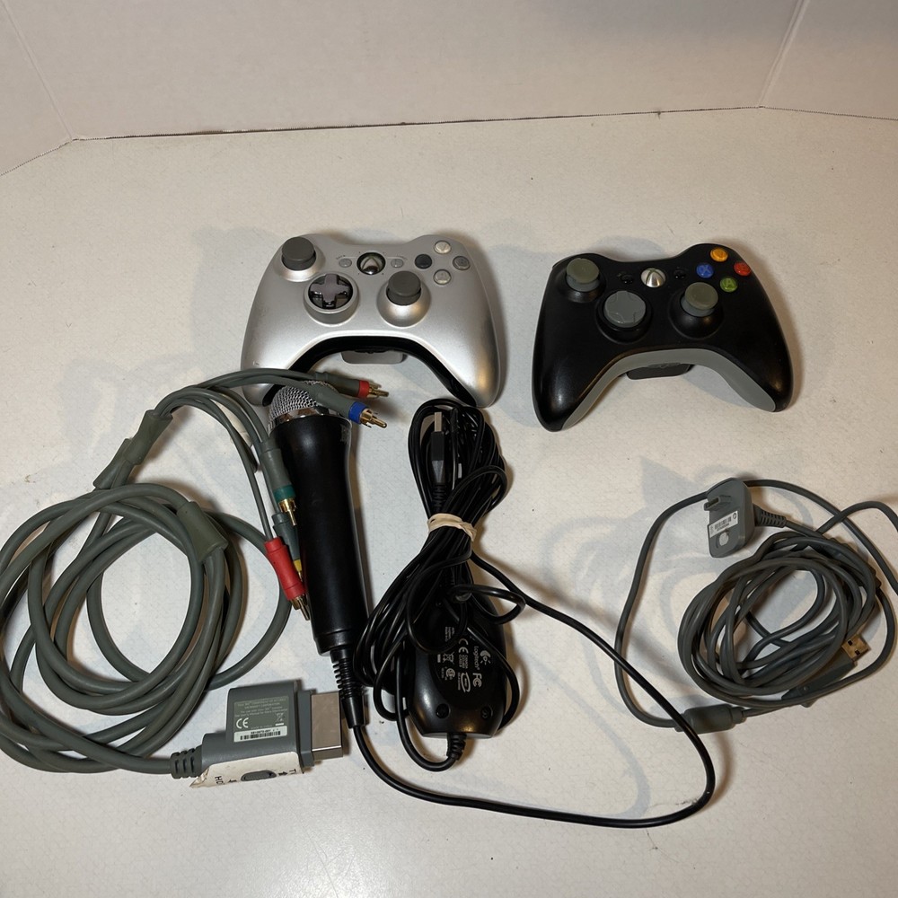 Two Microsoft Xbox 360 Controllers Untested No Backs With Cords And Microphone
