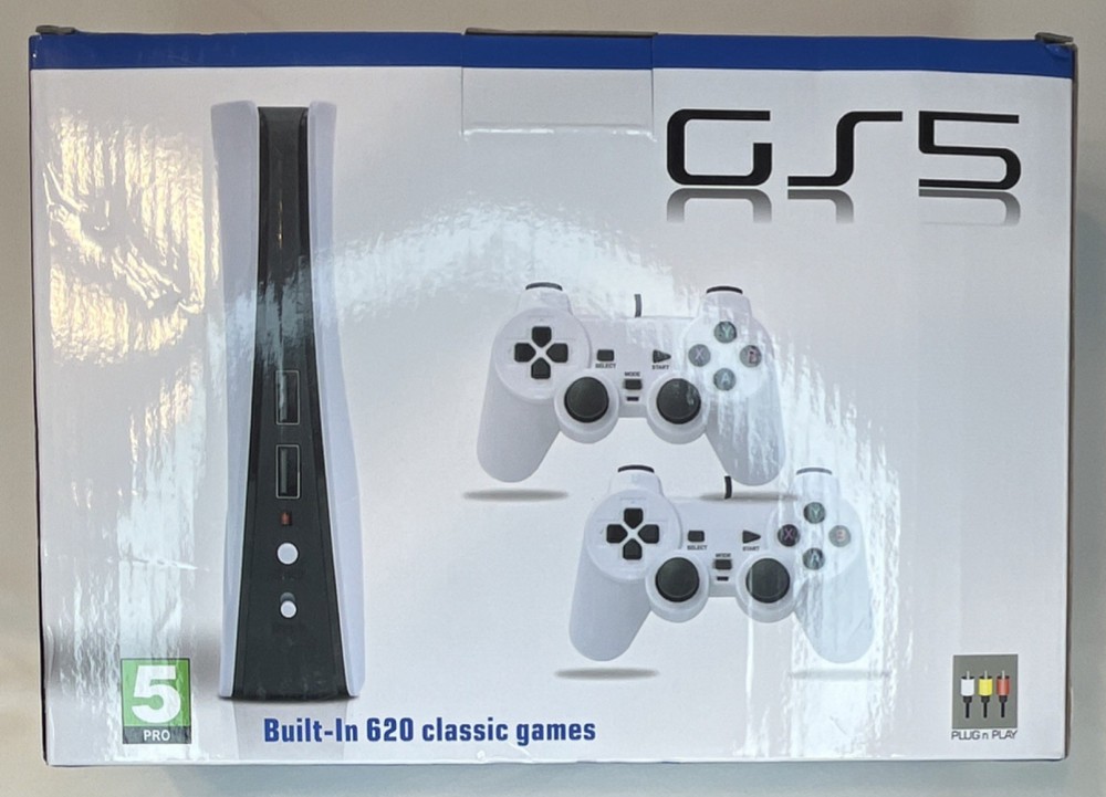 GS GameStation 5 Plug & Play Console, 620 Games, Two Players, White/Black