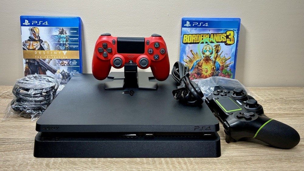 Sony PlayStation 4 Slim Black Bundle w 2 Controllers + 2 Games ✅ Works Perfectly