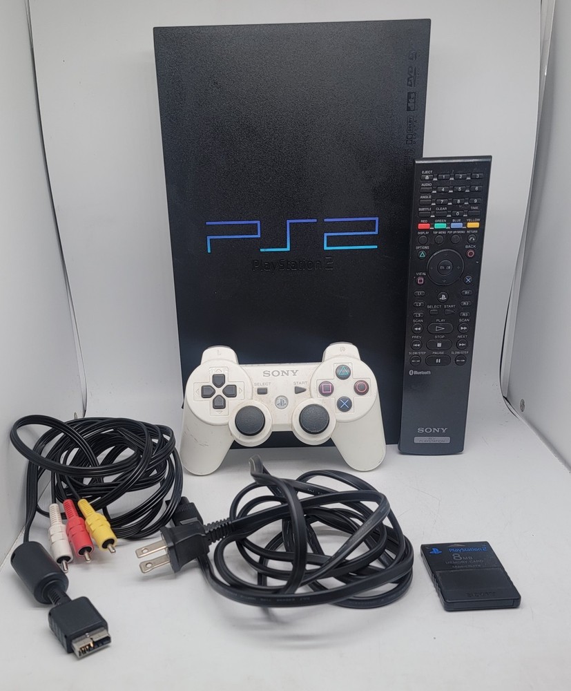Sony PlayStation 2 PS2 Black Console Controller Cables 8MB Card, Tested Working