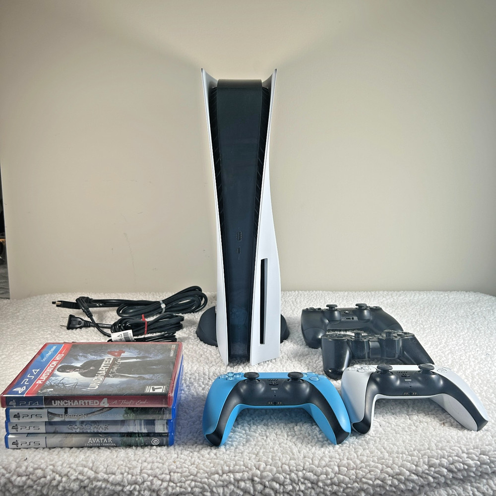 Sony Playstation 5 Model CFI-1115A Bundle w/ 4 controllers, Stand, 4 Games & Box