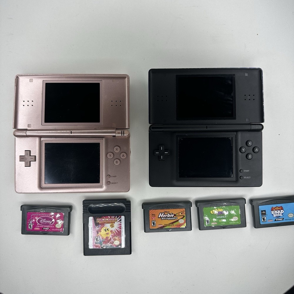 Two Nintendo Ds Lite Handheld Consoles and 5 Games Pink Blue