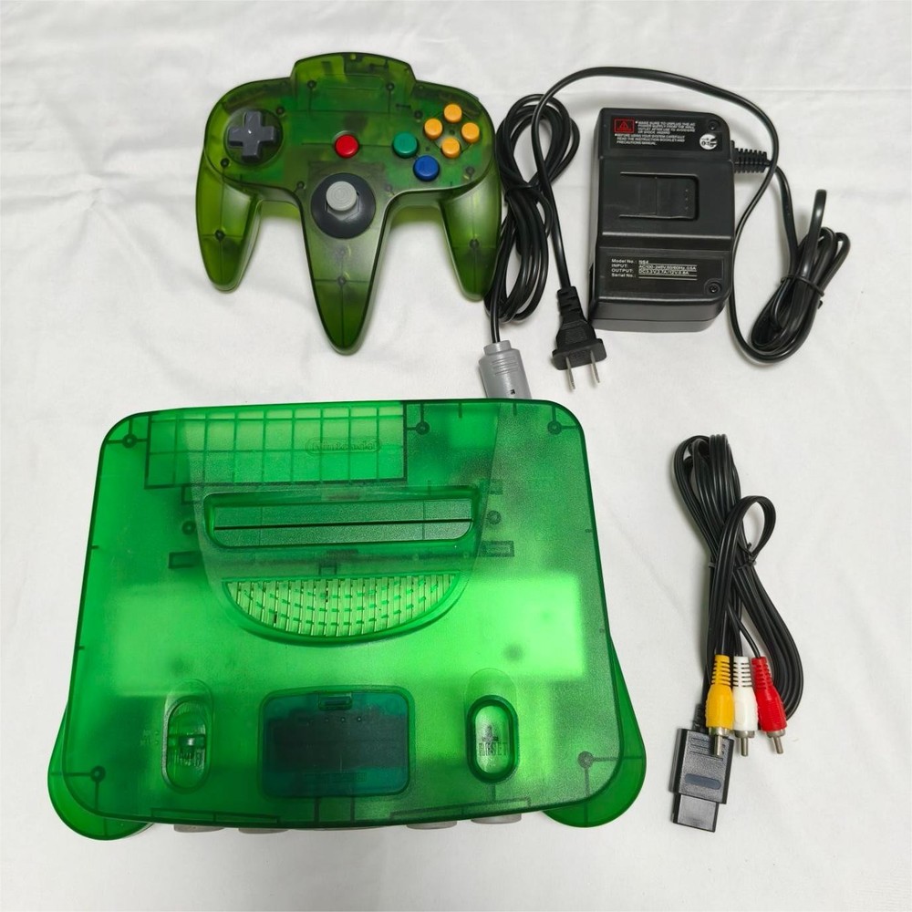 USA Nintendo N64 Console Systemv Clear Green Shell Bundle W/Oem controller Cords