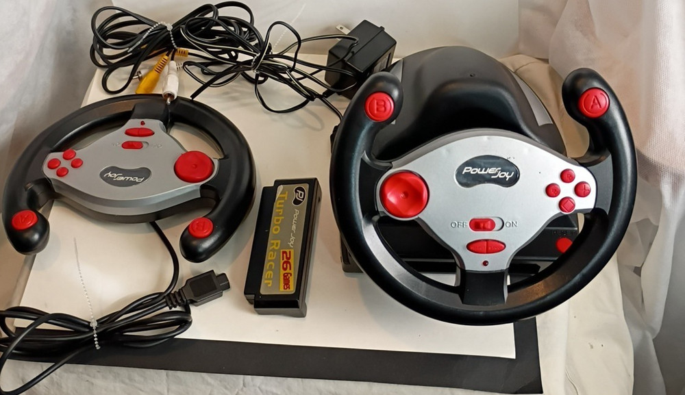 Vtg Power-joy Turbo Racer Tv Game System 26 Games Preloaded 2 Player Wheels WORK