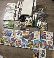 Nintendo Wii Console Lot 28 Games 7 Remotes Mario Kart Wheel Fit Board & More