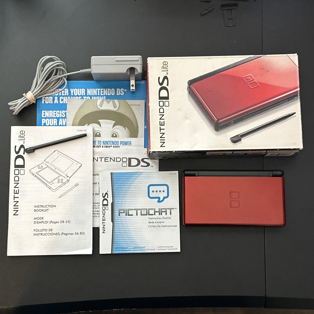 Crimson Red Black Nintendo DS Lite Handheld Console System Complete In Box CIB