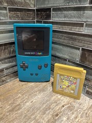 Nintendo Gameboy Color CGB-001 Teal Blue Handheld Console & Pokemon Gold