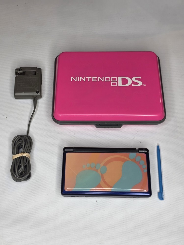 Nintendo DS Lite Console Blue With Footprint Skin & Pink Case *READ DESCRIPTION*