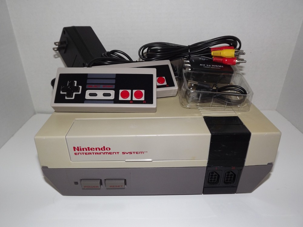 Original Nintendo NES System Console, hook ups, New AV to HD Converter